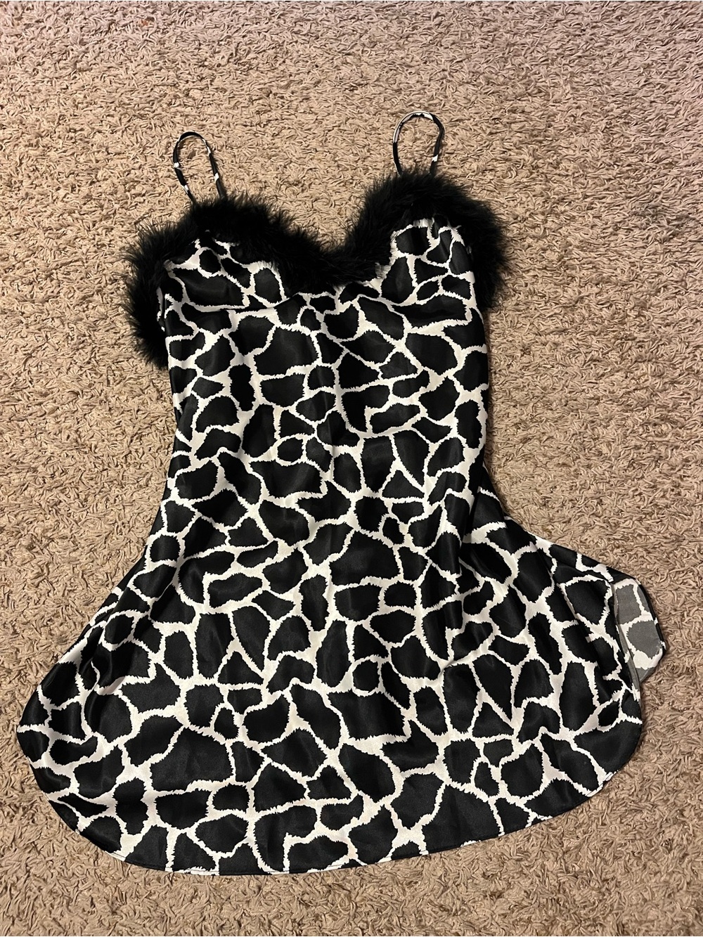 Black & White Animal Print Slip Dress with Fur Trim